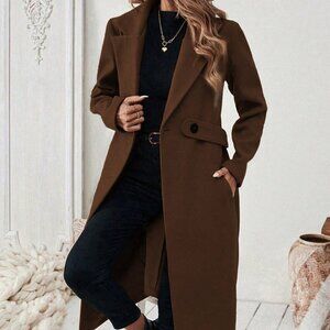 Coffee Brown Casual Women's Notched Collar long coat